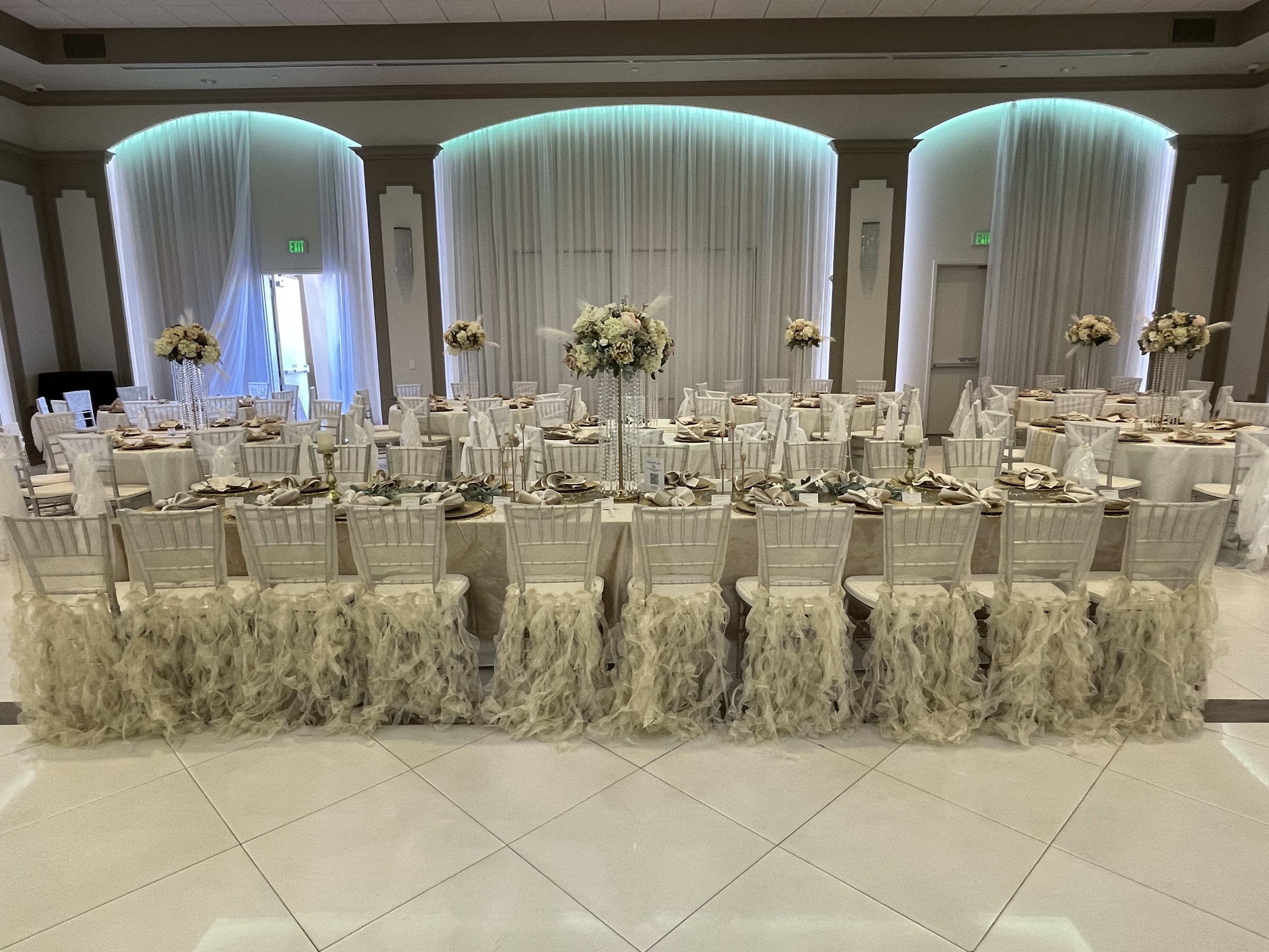 Elegant white wedding reception tables