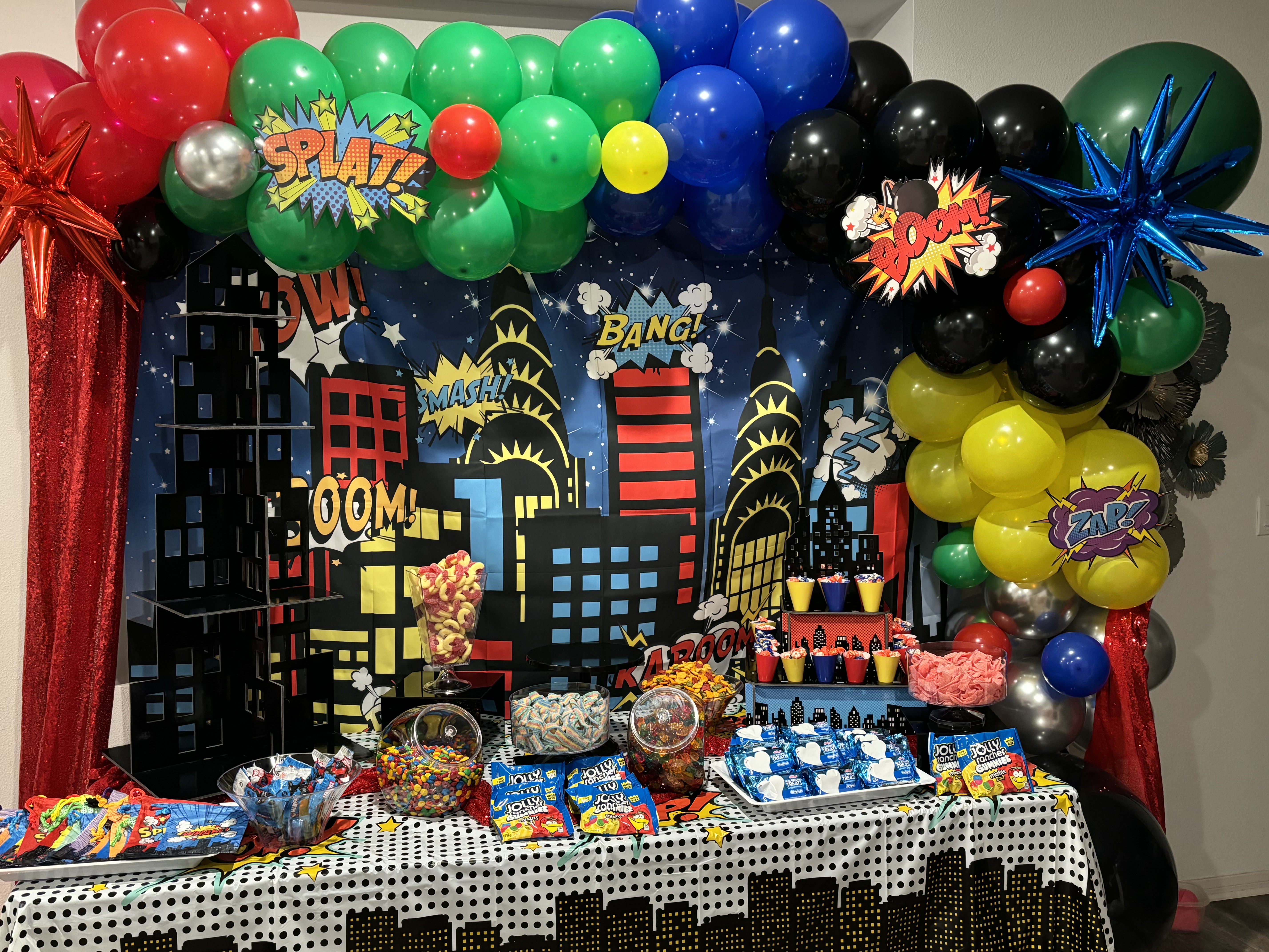 Superhero birthday balloon display
